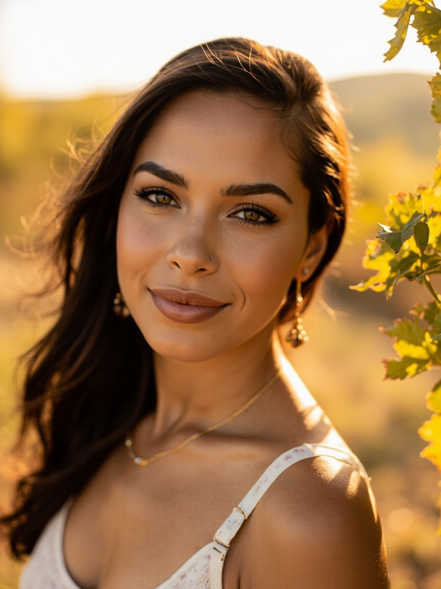 Portrait of a woman outdoors with natural brows and lips, Brentwood area setting softly blurred behind her