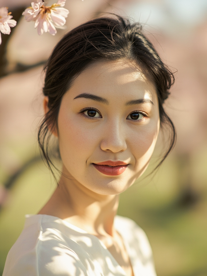 Portrait of a woman outdoors with natural brows and lips, Cupertino area setting softly blurred behind her