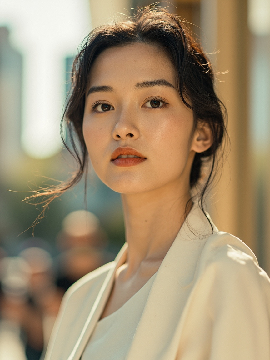 Portrait of a woman outdoors with natural brows and lips, Dublin area setting softly blurred behind her
