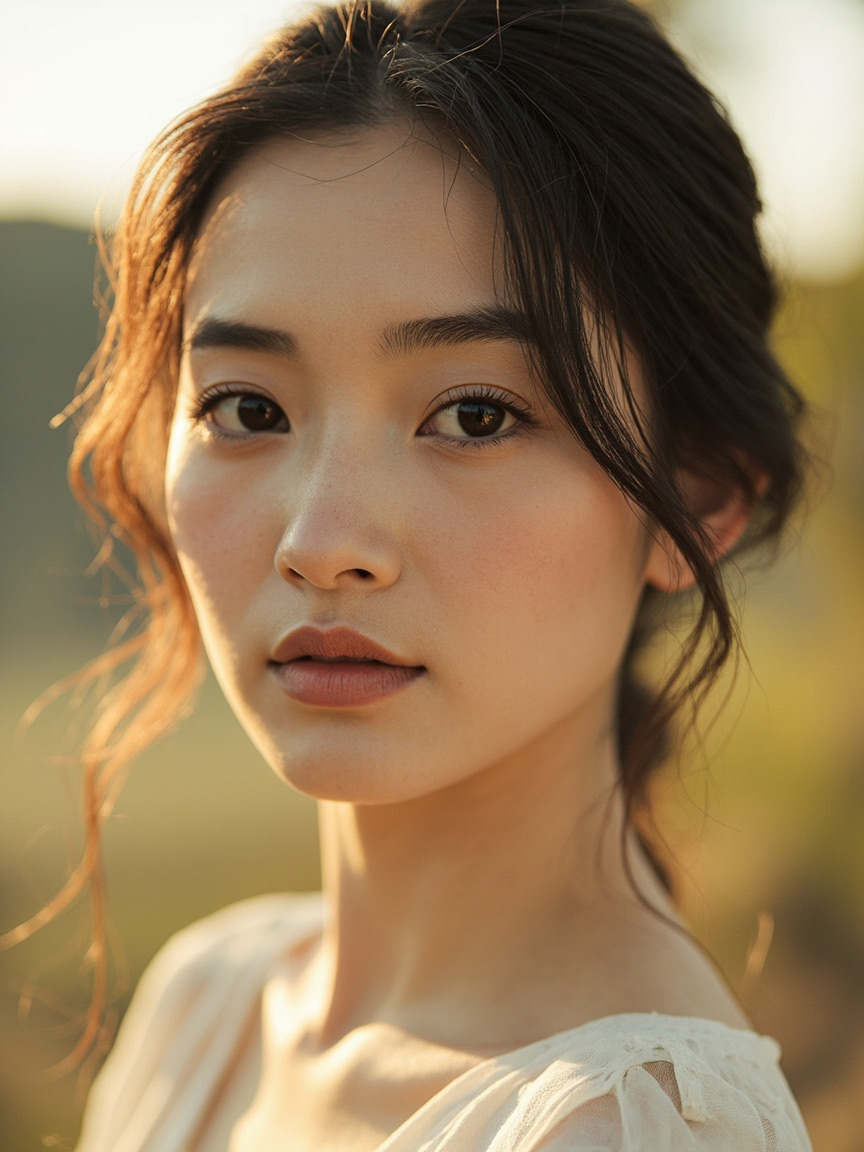 Portrait of a woman outdoors with natural brows and lips, Elk Grove area setting softly blurred behind her