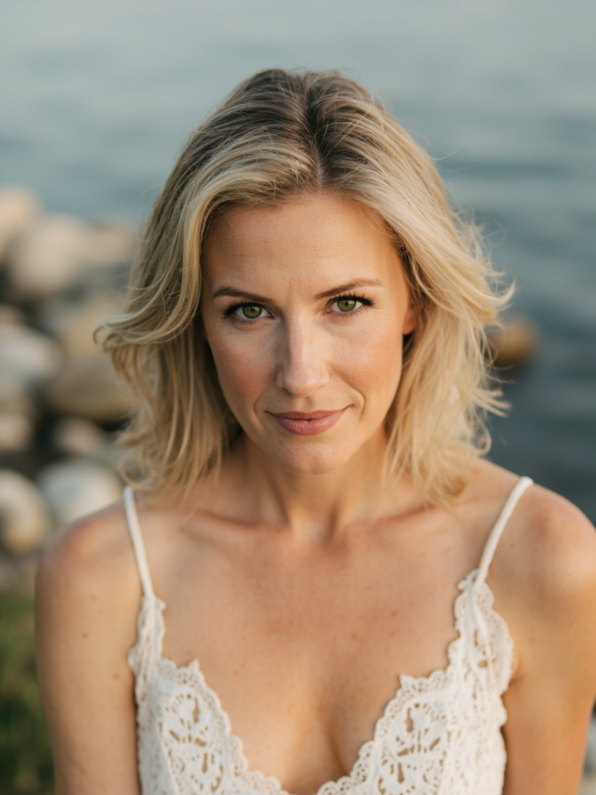 Portrait of a woman outdoors with natural brows and lips, Folsom area setting softly blurred behind her