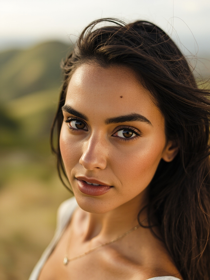Portrait of a woman outdoors with natural brows and lips, Fremont area setting softly blurred behind her