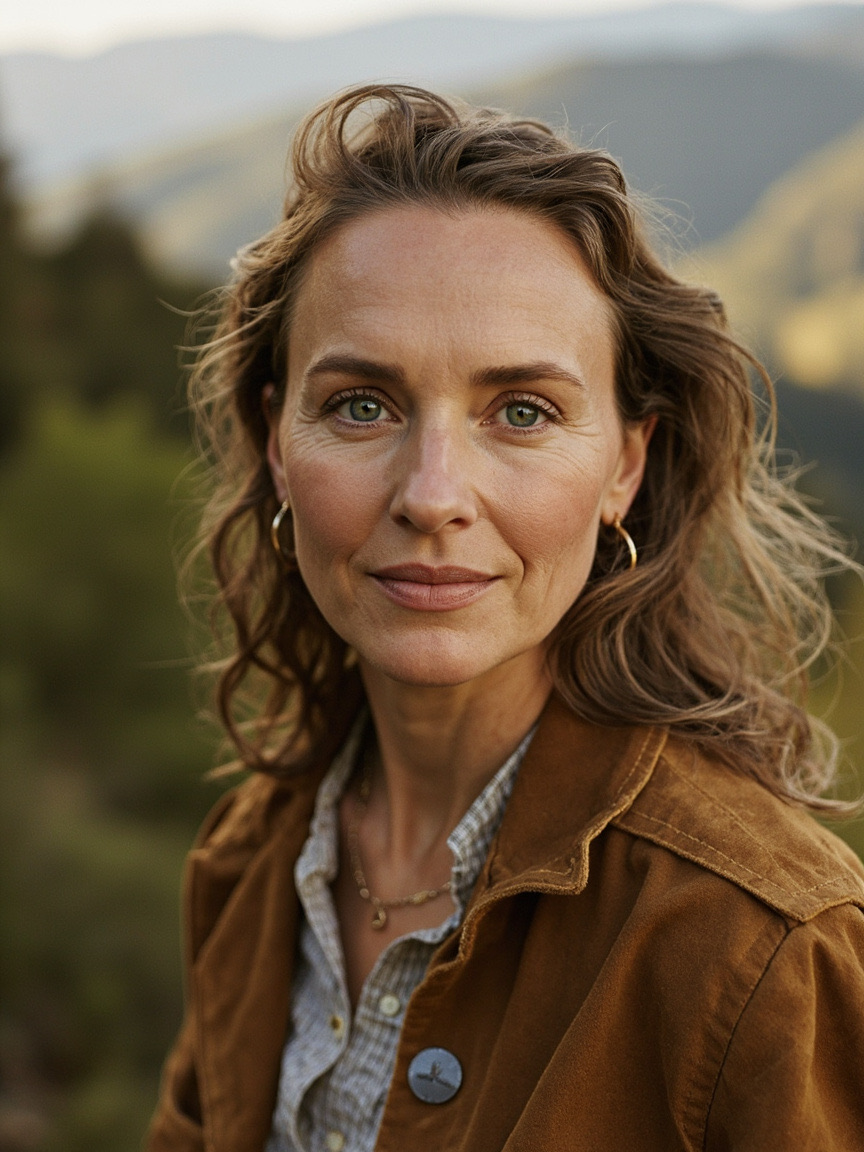 Portrait of a woman outdoors with natural brows and lips, Los Gatos area setting softly blurred behind her