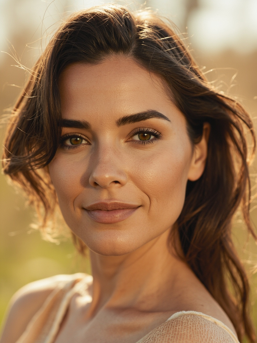 Portrait of a woman outdoors with natural brows and lips, Modesto area setting softly blurred behind her