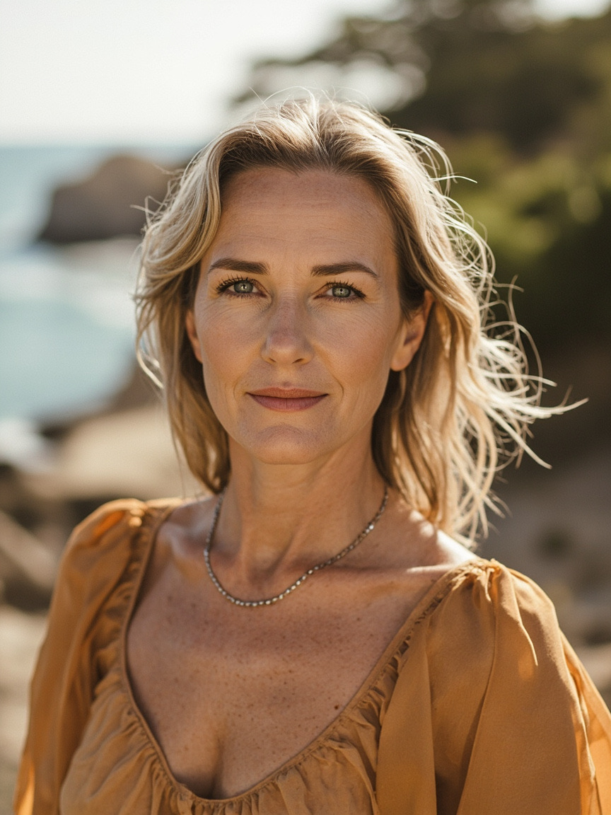 Portrait of a woman outdoors with natural brows and lips, Monterey area setting softly blurred behind her