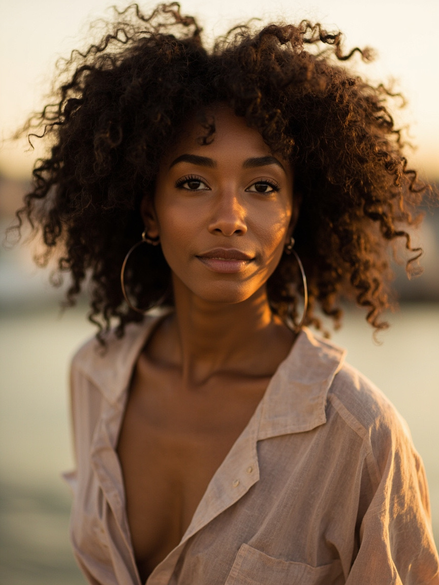 Portrait of a woman outdoors with natural brows and lips, Oakland area setting softly blurred behind her