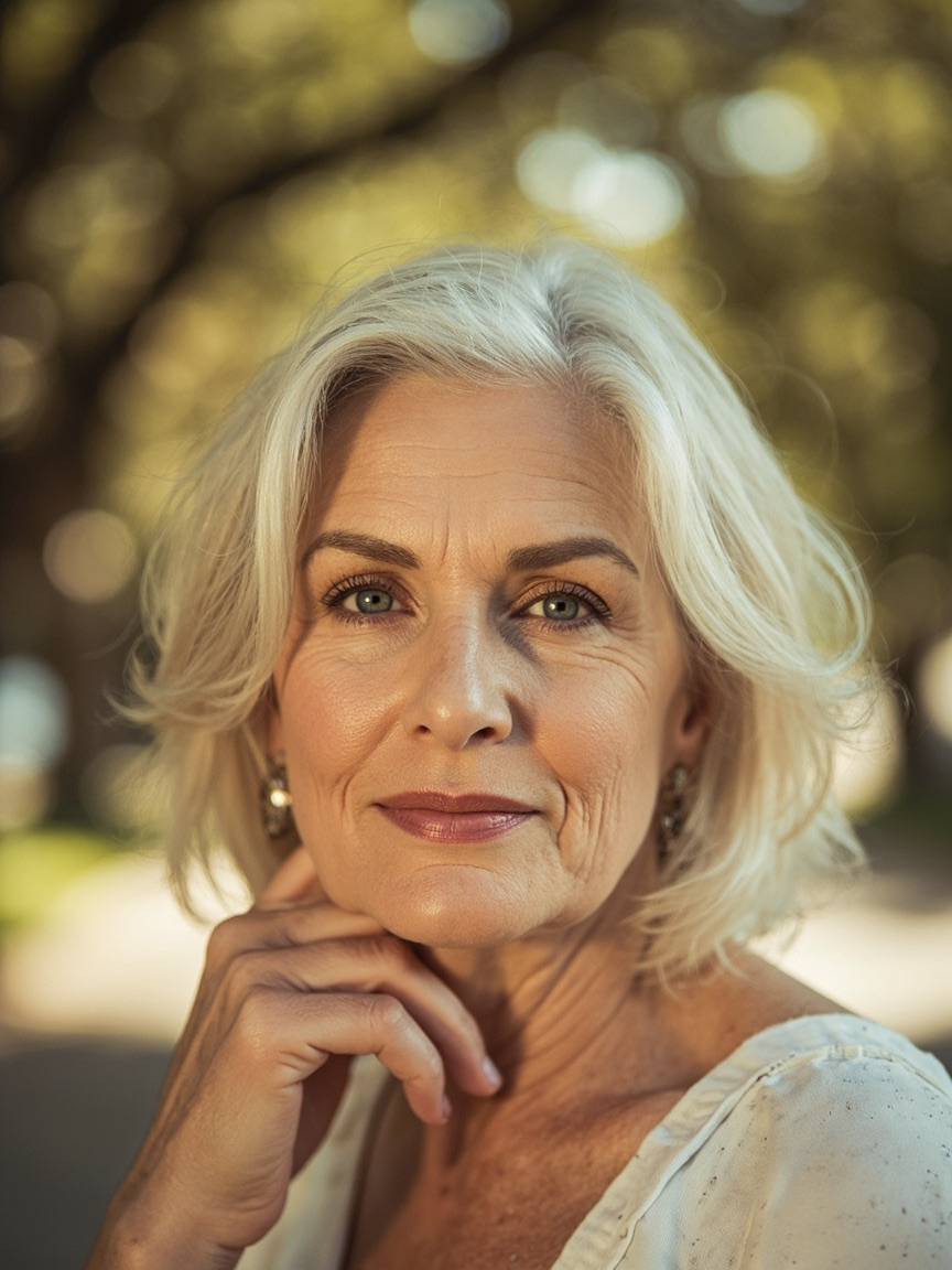 Portrait of a woman outdoors with natural brows and lips, Palo Alto area setting softly blurred behind her