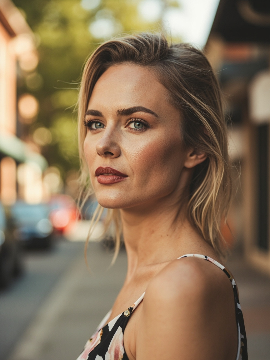 Portrait of a woman outdoors with natural brows and lips, Pleasanton area setting softly blurred behind her