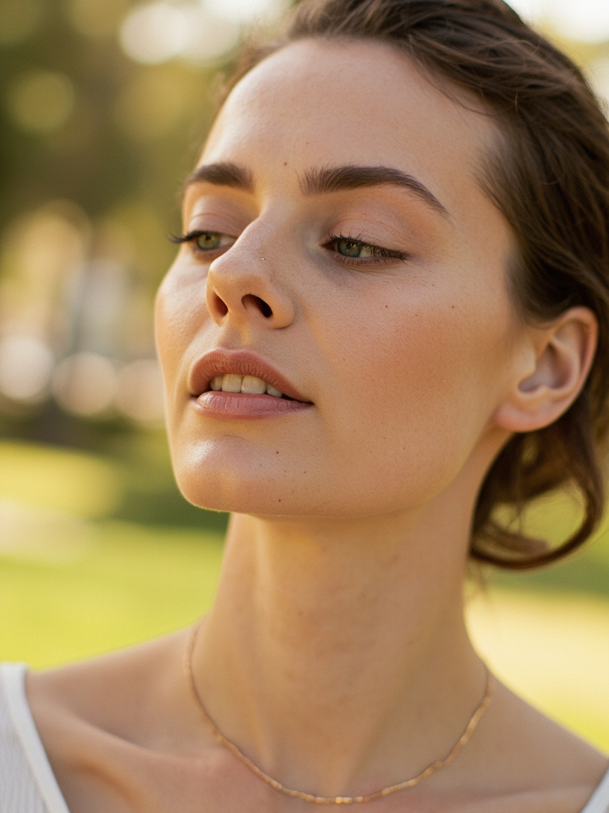 Portrait of a woman outdoors with natural brows and lips, Roseville area setting softly blurred behind her