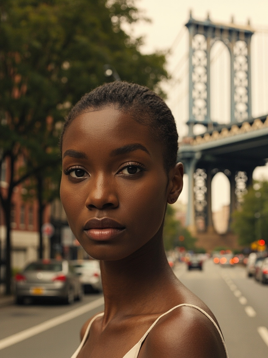 Portrait of a woman outdoors with natural brows and lips, Sacramento area setting softly blurred behind her