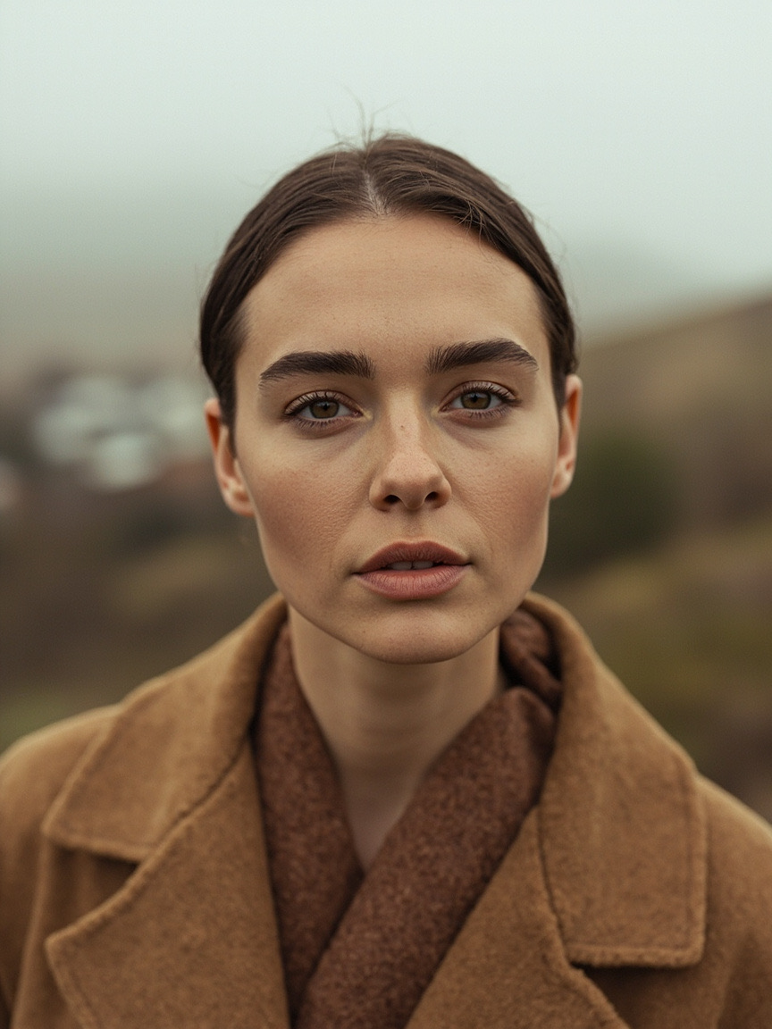 Portrait of a woman outdoors with natural brows and lips, San Francisco area setting softly blurred behind her