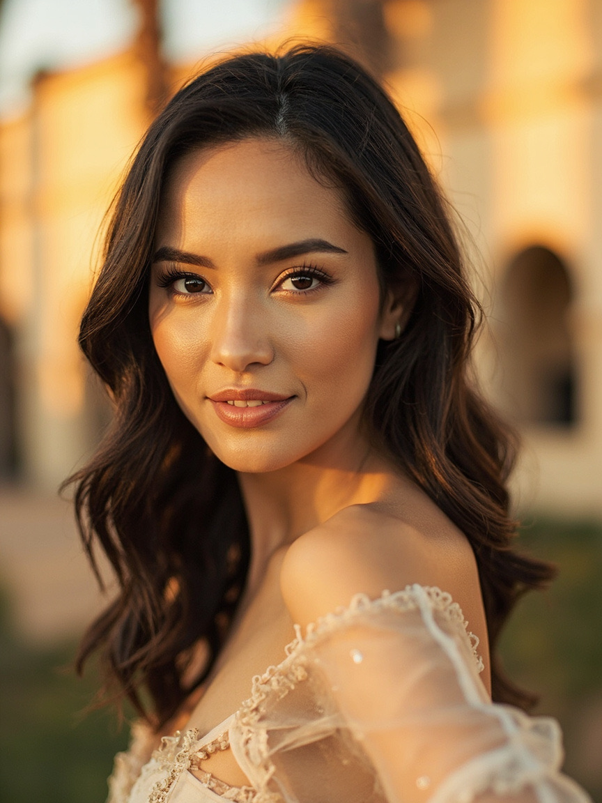 Portrait of a woman outdoors with natural brows and lips, San José area setting softly blurred behind her