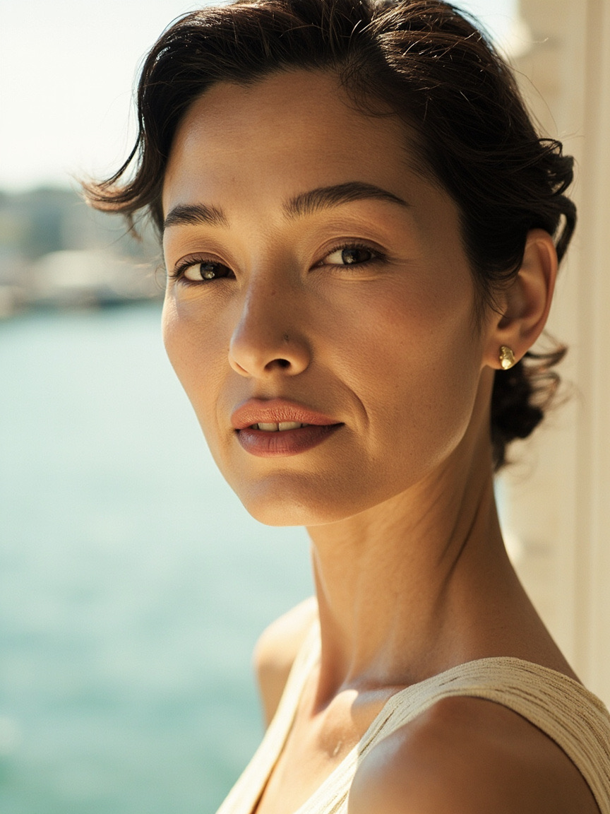 Portrait of a woman outdoors with natural brows and lips, San Mateo area setting softly blurred behind her