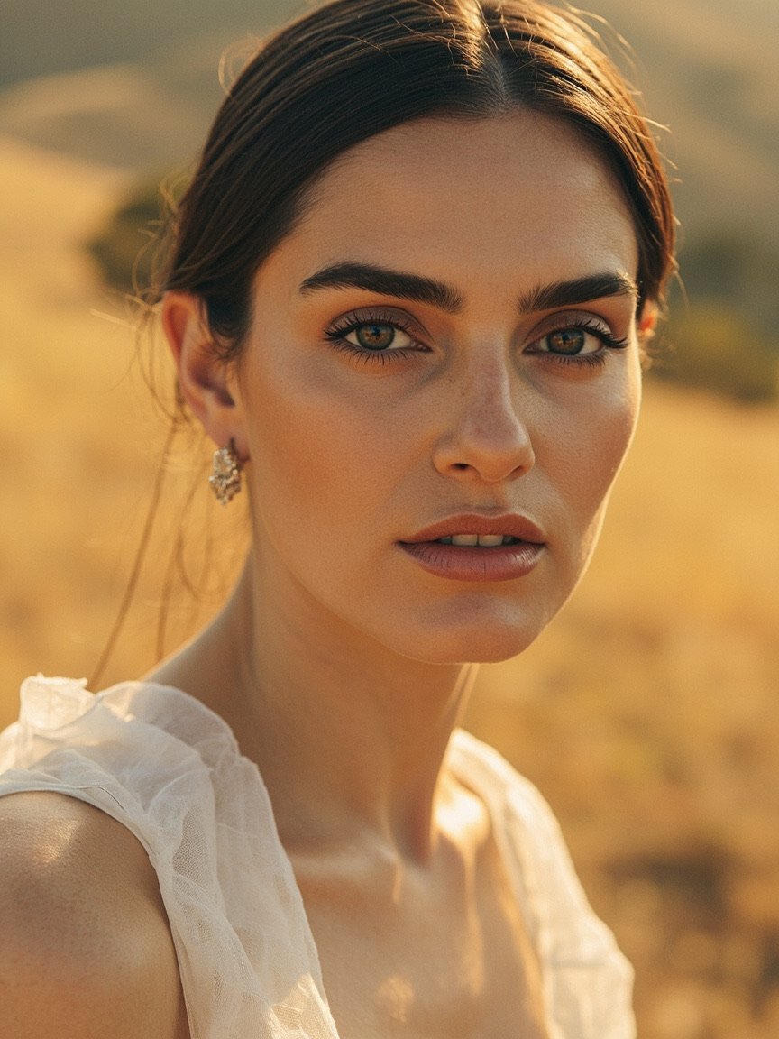 Portrait of a woman outdoors with natural brows and lips, San Ramon area setting softly blurred behind her