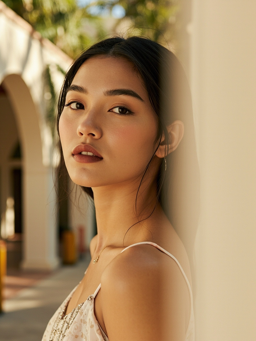 Portrait of a woman outdoors with natural brows and lips, Santa Clara area setting softly blurred behind her