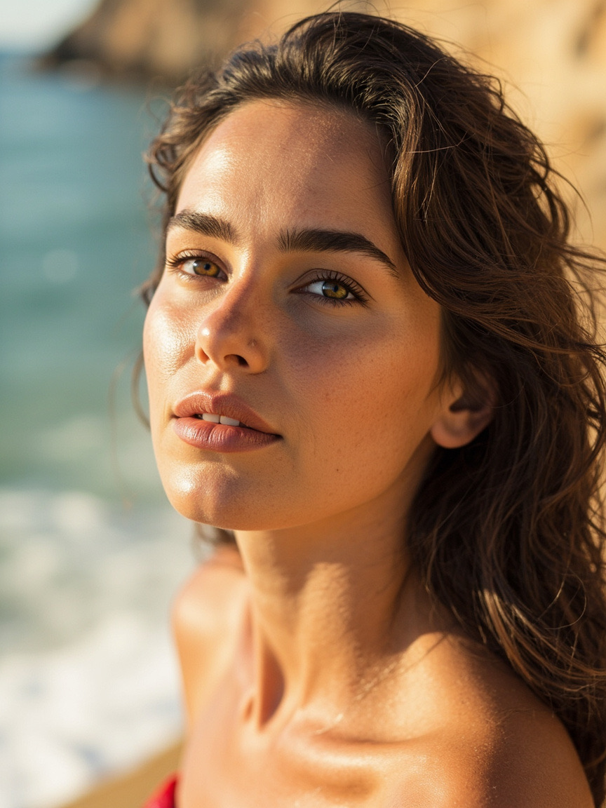 Portrait of a woman outdoors with natural brows and lips, Santa Cruz area setting softly blurred behind her