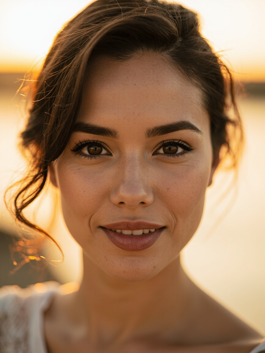 Portrait of a woman outdoors with natural brows and lips, Stockton area setting softly blurred behind her