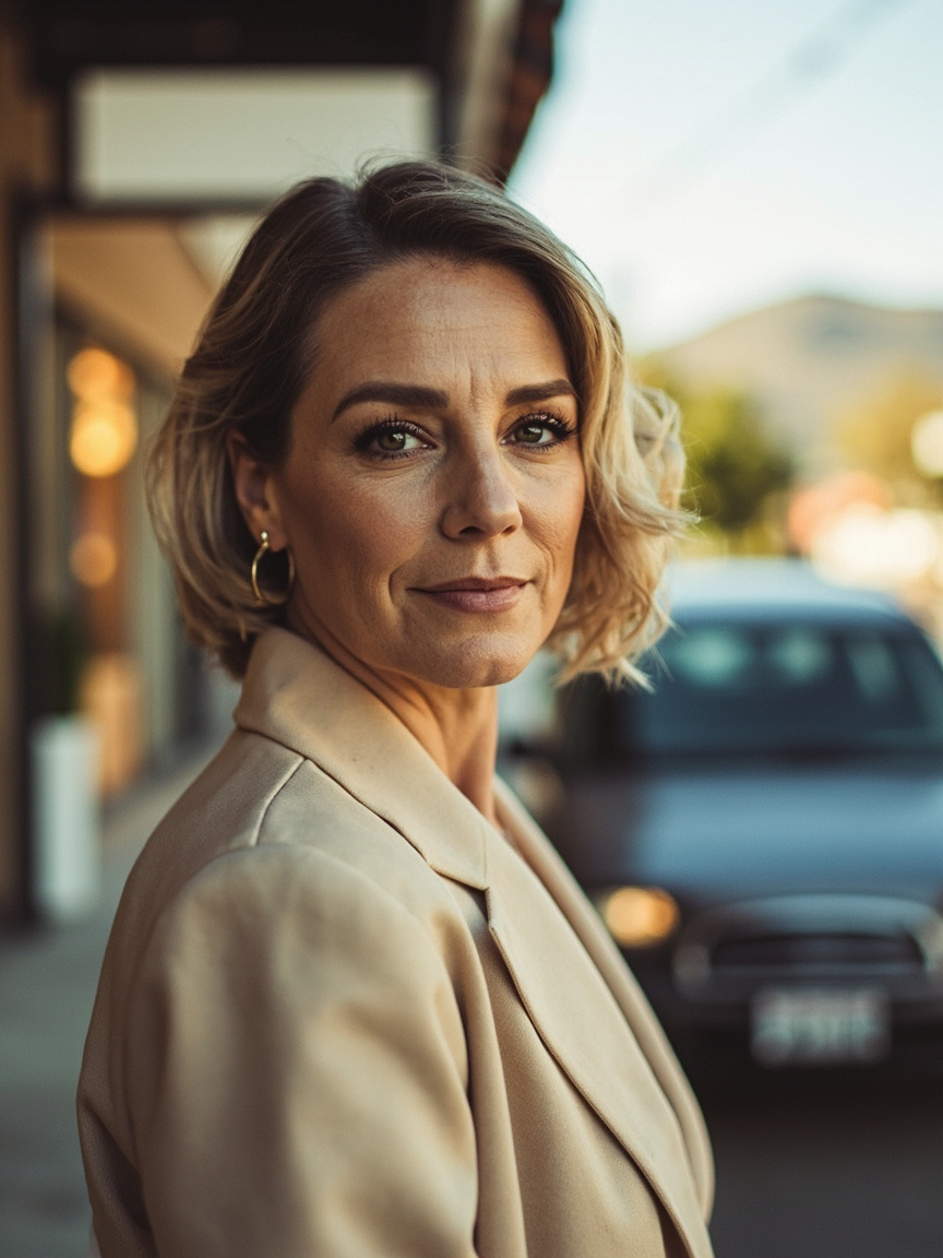 Portrait of a woman outdoors with natural brows and lips, Walnut Creek area setting softly blurred behind her
